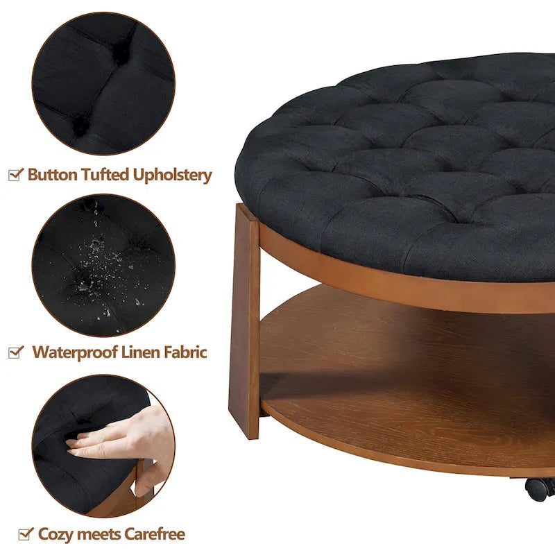 36 Round Button Tufted Upholstered Coffee Table with Wood Shelf and Wheel-25