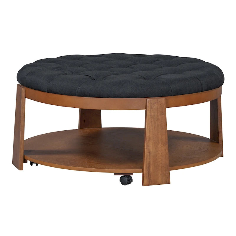 36 Round Button Tufted Upholstered Coffee Table with Wood Shelf and Wheel-33