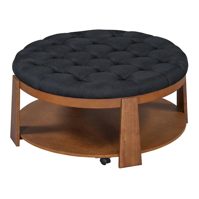 36 Round Button Tufted Upholstered Coffee Table with Wood Shelf and Wheel-34