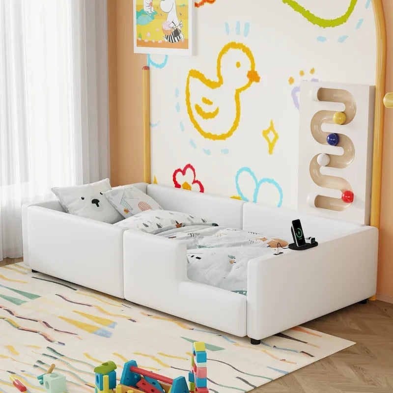 Twin Upholstered Bed with Guardrail & Charging Station-3