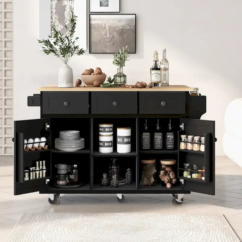 Rubber Wood Drop-Leaf Kitchen Cart with Internal Storage Racks and Rolling Casters-2