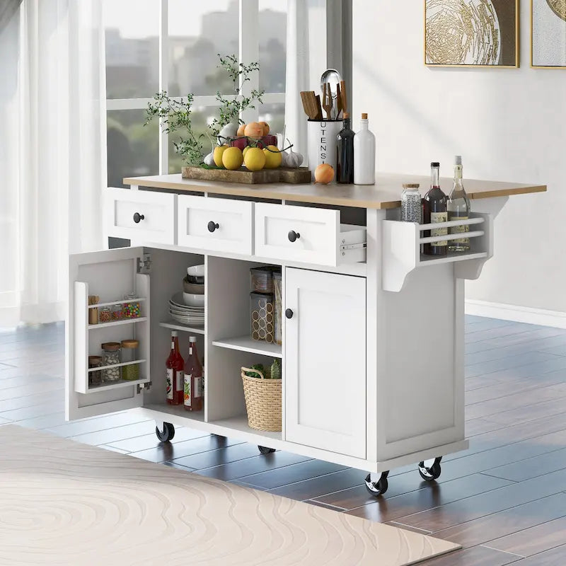 Rubber Wood Drop-Leaf Kitchen Cart with Internal Storage Racks and Rolling Casters-4