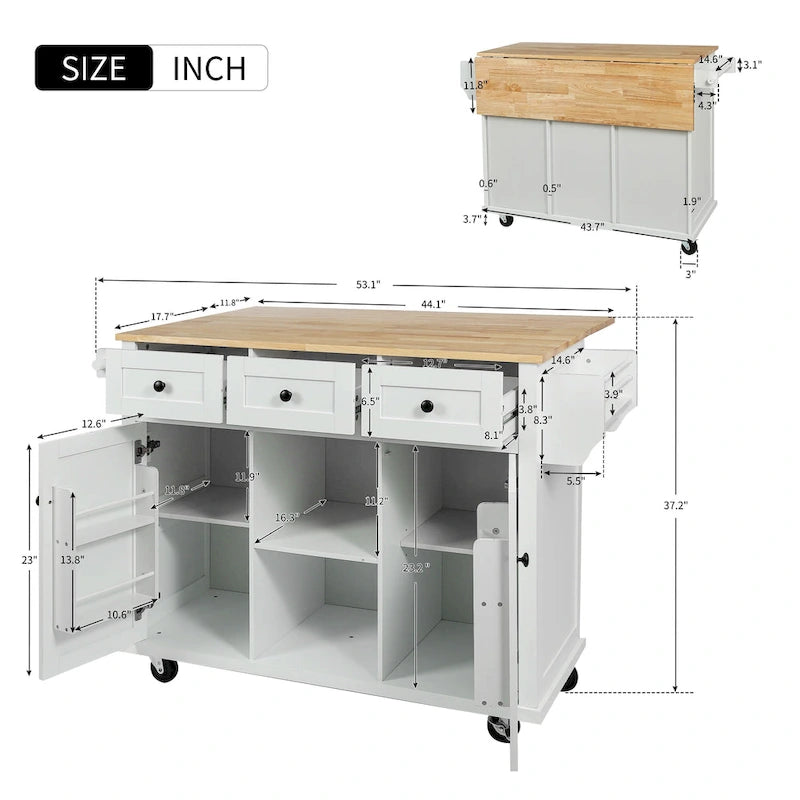 Rubber Wood Drop-Leaf Kitchen Cart with Internal Storage Racks and Rolling Casters-11