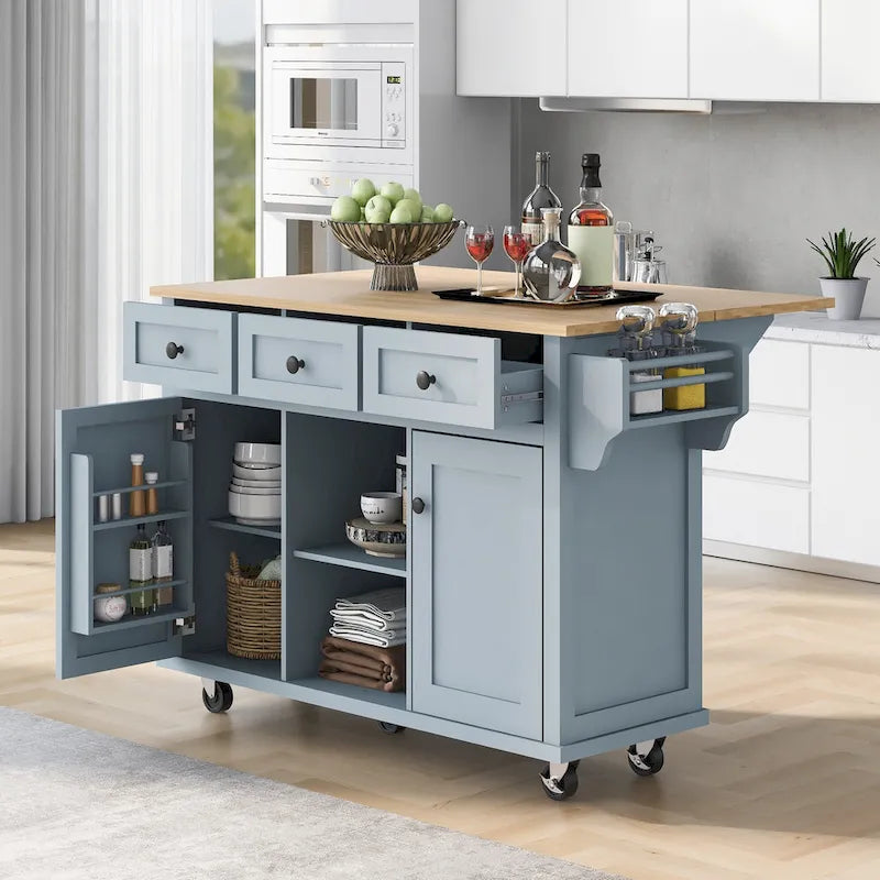 Rubber Wood Drop-Leaf Kitchen Cart with Internal Storage Racks and Rolling Casters-13
