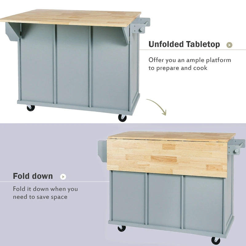 Rubber Wood Drop-Leaf Kitchen Cart with Internal Storage Racks and Rolling Casters-16