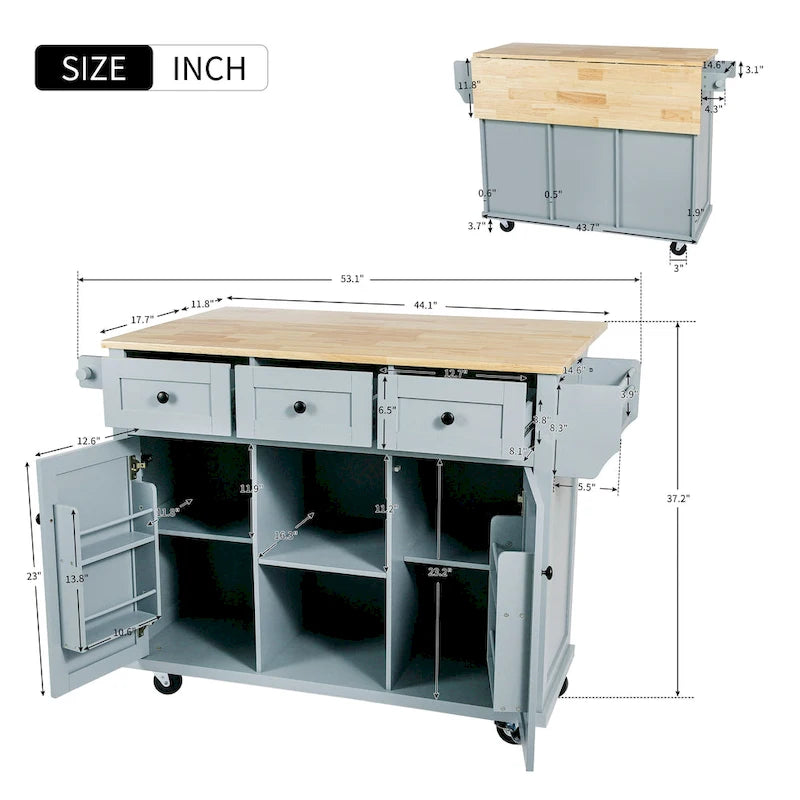 Rubber Wood Drop-Leaf Kitchen Cart with Internal Storage Racks and Rolling Casters-20