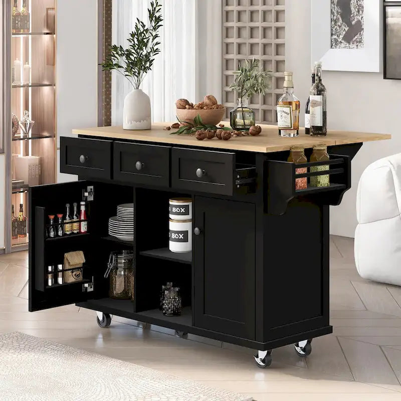 Rubber Wood Drop-Leaf Kitchen Cart with Internal Storage Racks and Rolling Casters-21