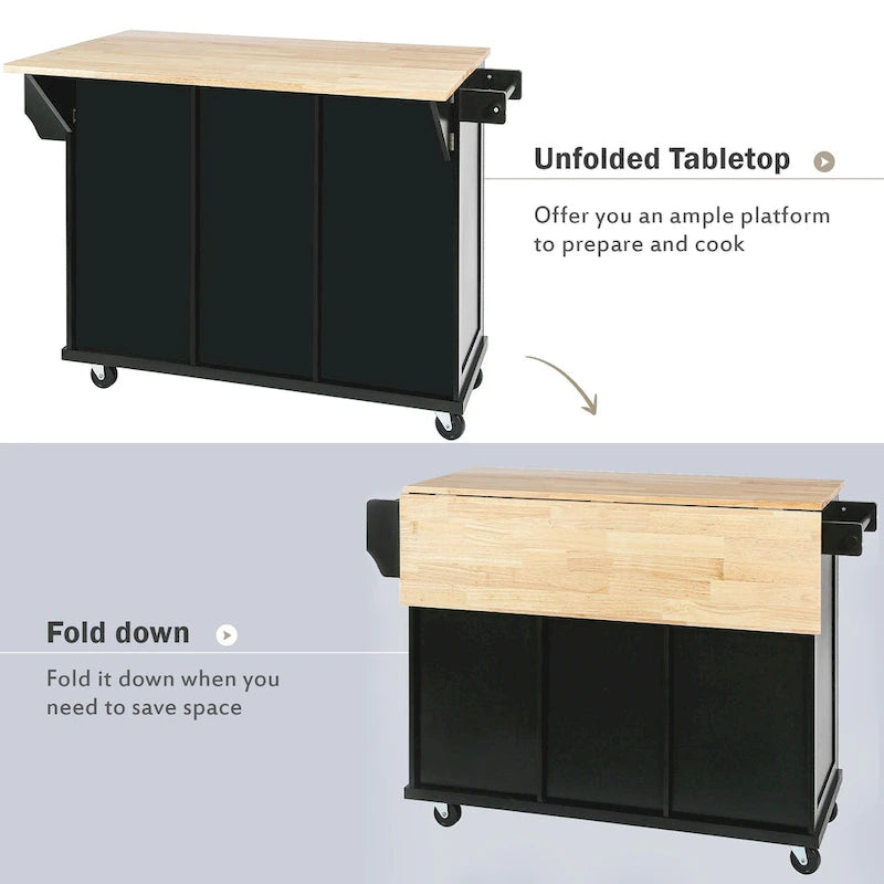 Rubber Wood Drop-Leaf Kitchen Cart with Internal Storage Racks and Rolling Casters-23