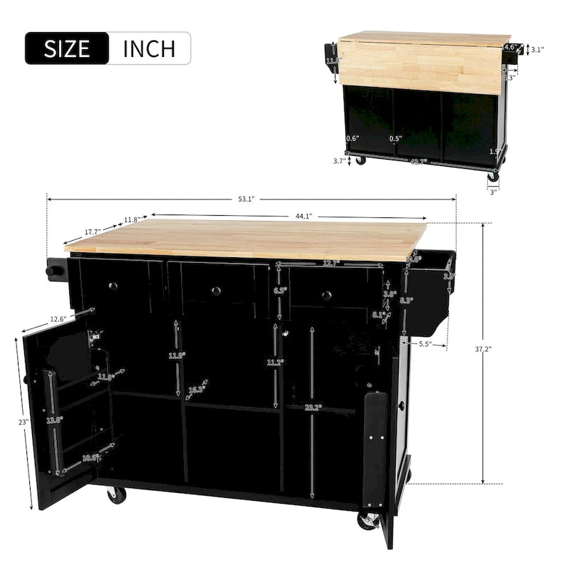 Rubber Wood Drop-Leaf Kitchen Cart with Internal Storage Racks and Rolling Casters-27