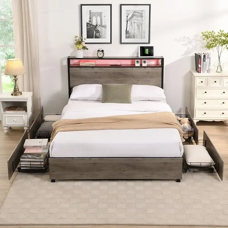 Wood and Metal Charging Platform Bed with Storage Headboard-11