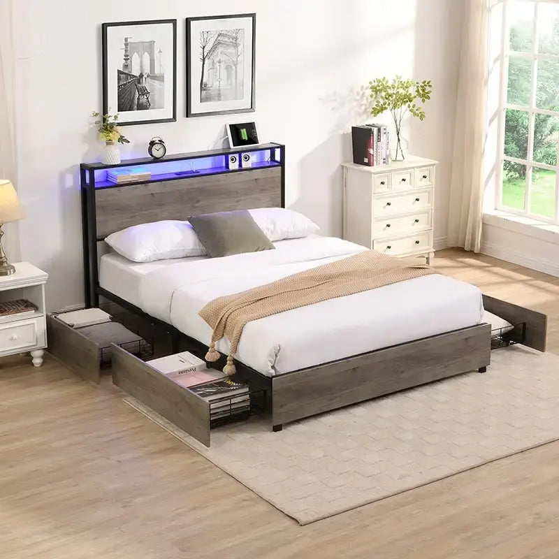 Wood and Metal Charging Platform Bed with Storage Headboard-2
