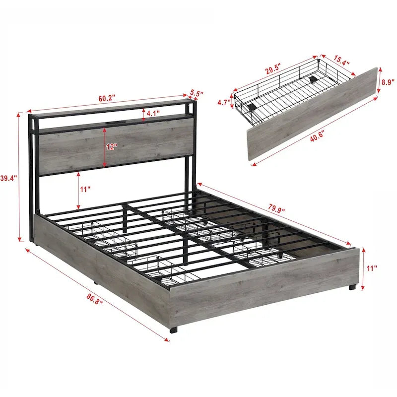 Wood and Metal Charging Platform Bed with Storage Headboard-3