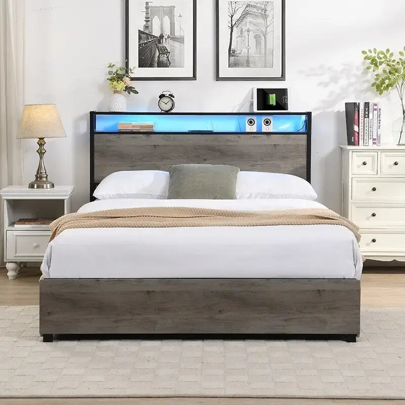 Wood and Metal Charging Platform Bed with Storage Headboard-4