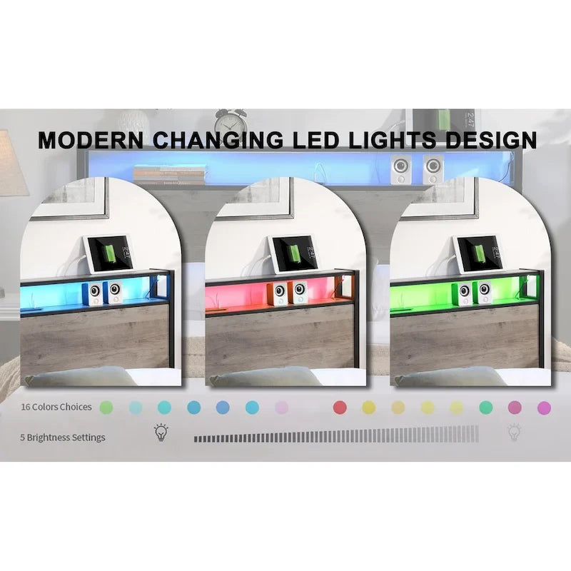 Wood and Metal Charging Platform Bed with Storage Headboard-5