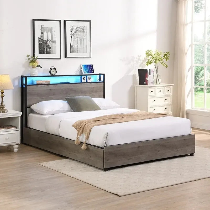 Wood and Metal Charging Platform Bed with Storage Headboard-7