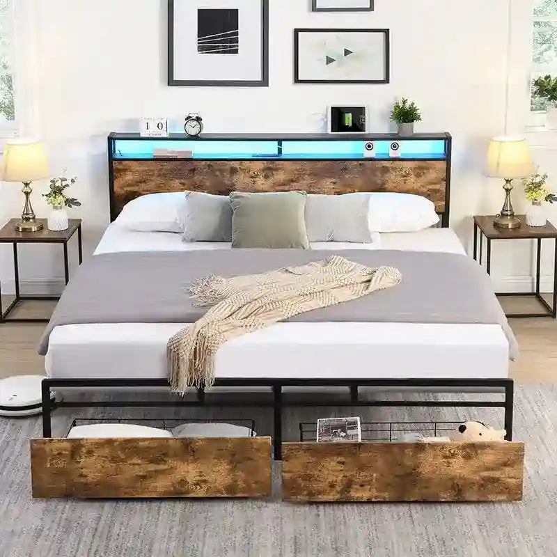 Wood and Metal Charging Platform Bed with Storage Headboard-10