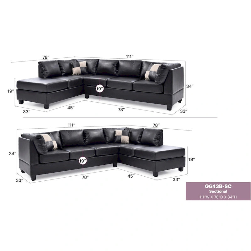 Malone 111 in. Faux Leather 4-Seater Sectional Sofa with 2-Throw Pillow - 111L x 78W x 34H-15