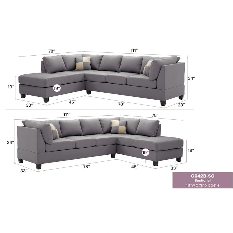 Malone 111 in. Faux Leather 4-Seater Sectional Sofa with 2-Throw Pillow - 111L x 78W x 34H-16