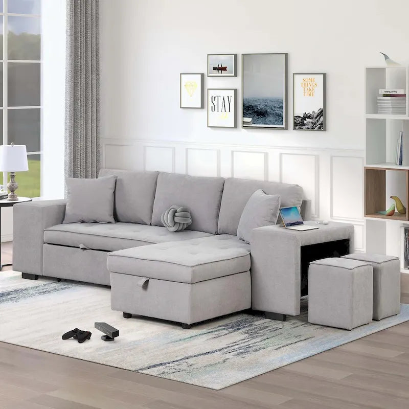 Modern L-Shape 3 Seat Reversible Sectional Couch,with Storage Chaise and 2 Stools