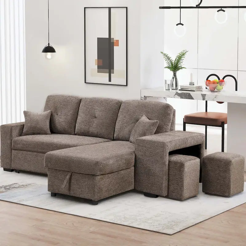 Modern L-Shape 3 Seat Reversible Sectional Couch,with Storage Chaise and 2 Stools-3
