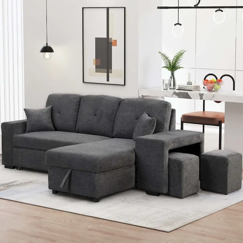 Modern L-Shape 3 Seat Reversible Sectional Couch,with Storage Chaise and 2 Stools-4