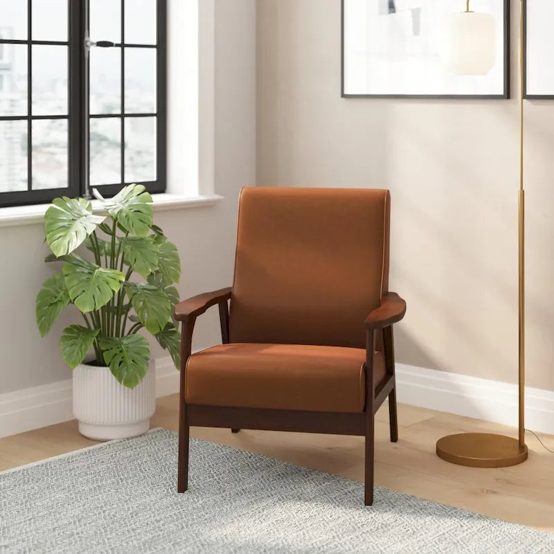 Mid-Century Modern Armchair with Wooden Frame and Faux Leather Cushions
