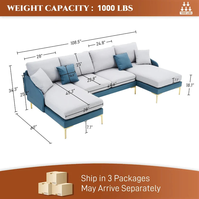 Ouyessir U-Shape Sectional Sofa 4-Seat Couch with Double Chaise Lounge-20