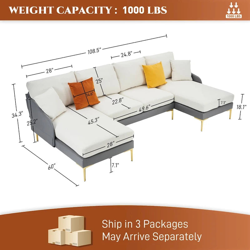 Ouyessir U-Shape Sectional Sofa 4-Seat Couch with Double Chaise Lounge-30