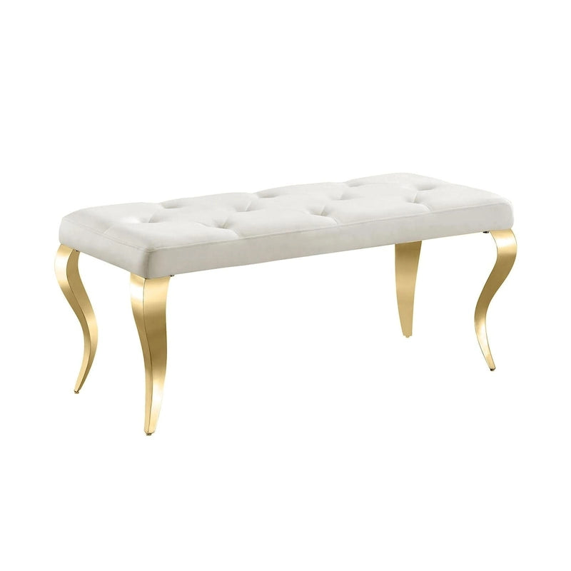 Luxury Velvet Bench Button Tufted Upholstered Dining Bench with Polished Metal Legs-26