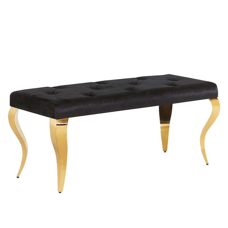 Luxury Velvet Bench Button Tufted Upholstered Dining Bench with Polished Metal Legs-28