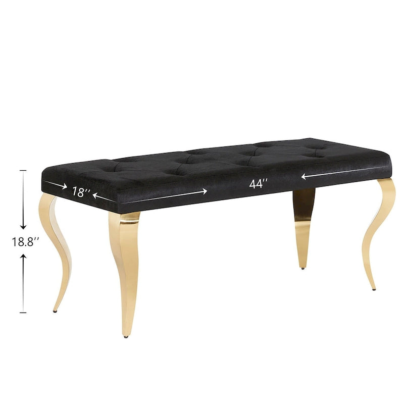 Luxury Velvet Bench Button Tufted Upholstered Dining Bench with Polished Metal Legs-6