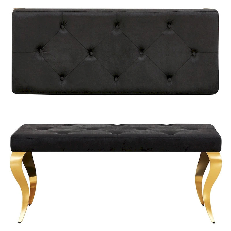 Luxury Velvet Bench Button Tufted Upholstered Dining Bench with Polished Metal Legs-7