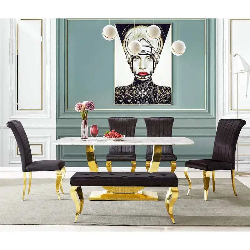 Luxury Velvet Bench Button Tufted Upholstered Dining Bench with Polished Metal Legs-10