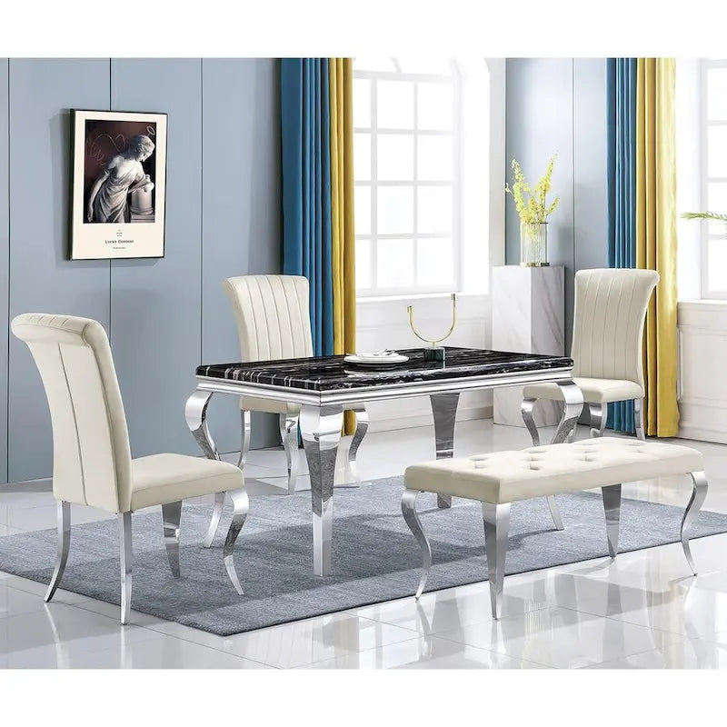 Luxury Velvet Bench Button Tufted Upholstered Dining Bench with Polished Metal Legs-11