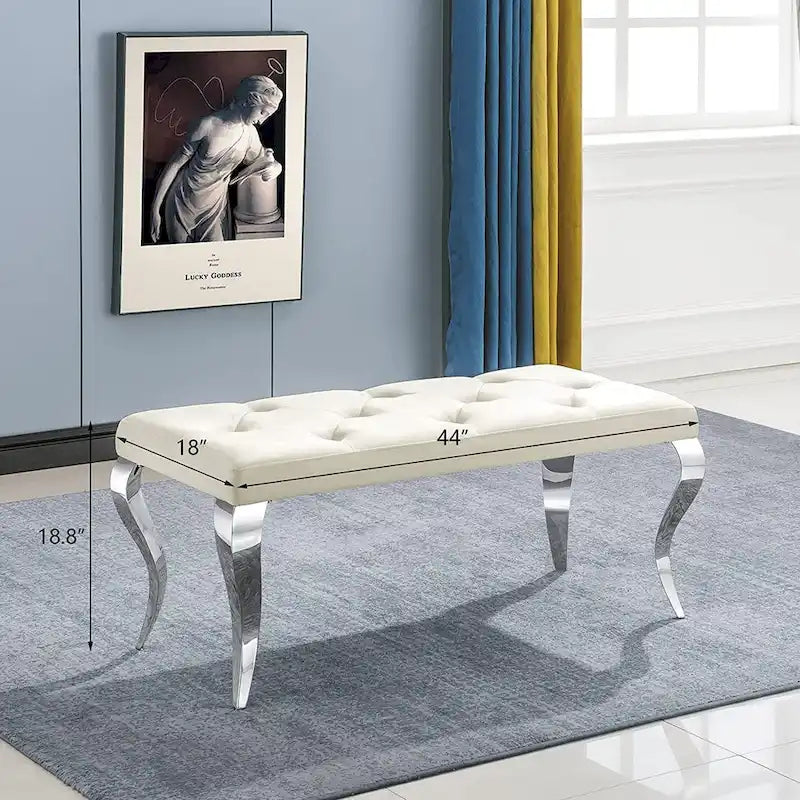Luxury Velvet Bench Button Tufted Upholstered Dining Bench with Polished Metal Legs-12