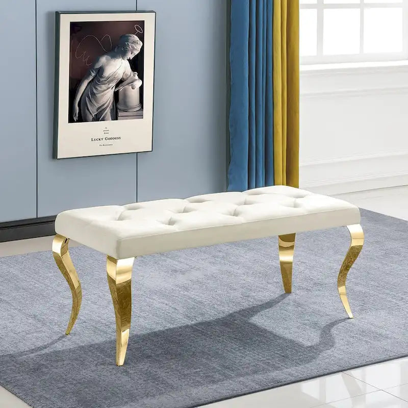 Luxury Velvet Bench Button Tufted Upholstered Dining Bench with Polished Metal Legs-16