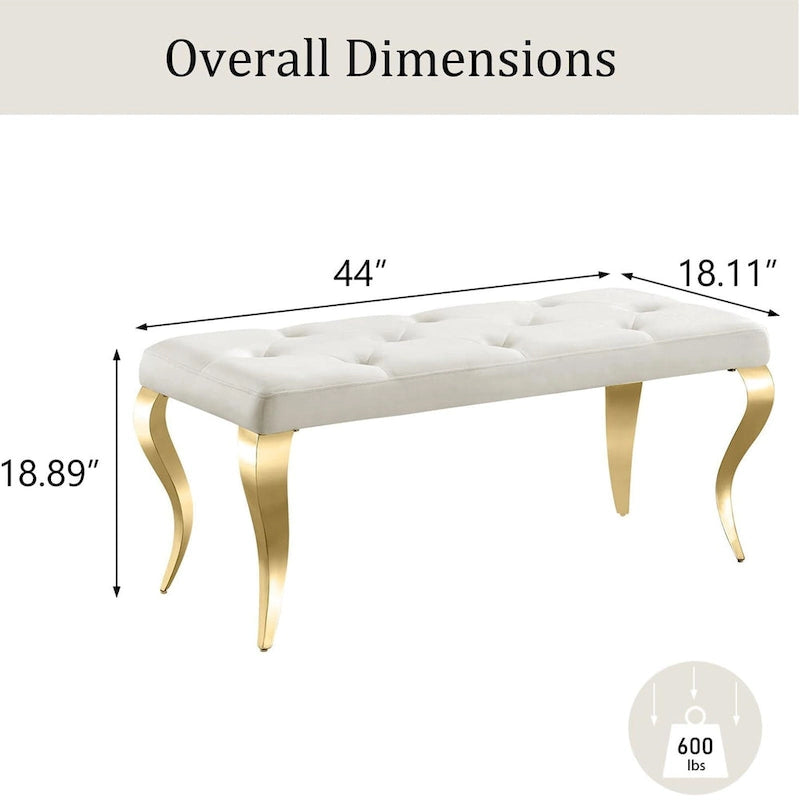 Luxury Velvet Bench Button Tufted Upholstered Dining Bench with Polished Metal Legs-17
