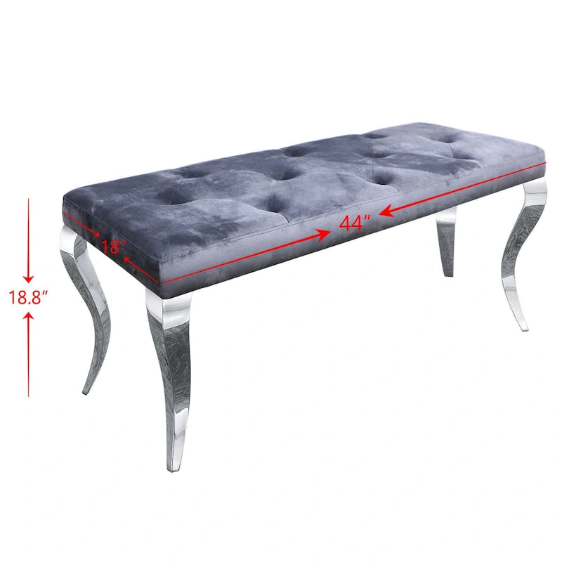 Luxury Velvet Bench Button Tufted Upholstered Dining Bench with Polished Metal Legs-21