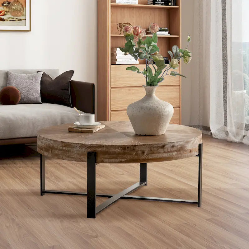 31W Round Coffee Table With Fir Wood Table Top and Metal Frame End Table-14