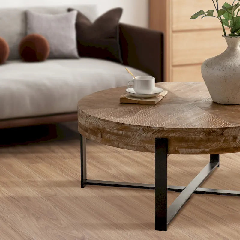 31W Round Coffee Table With Fir Wood Table Top and Metal Frame End Table-2