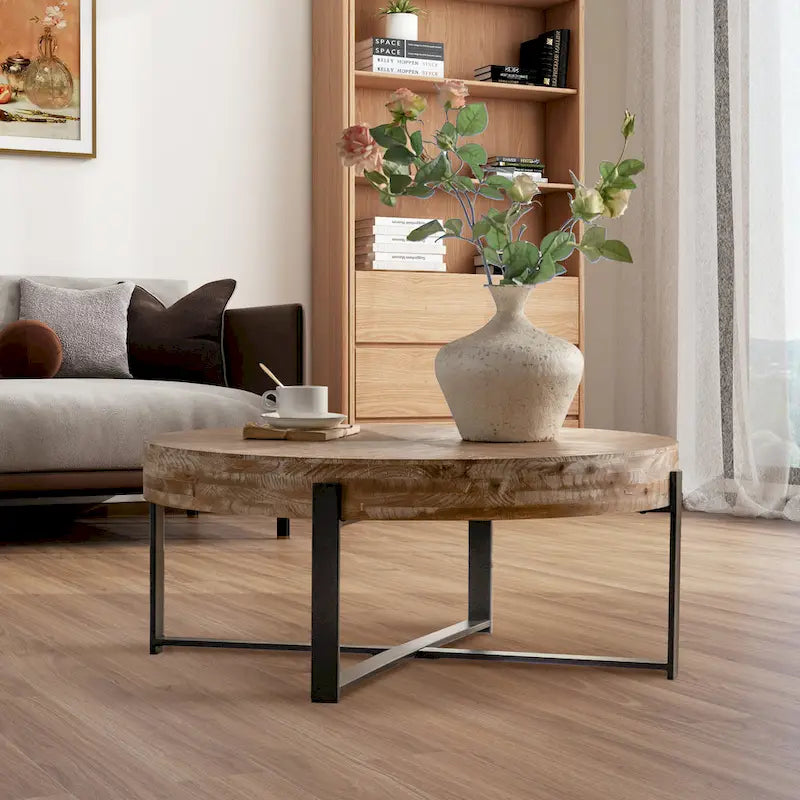 31W Round Coffee Table With Fir Wood Table Top and Metal Frame End Table-3