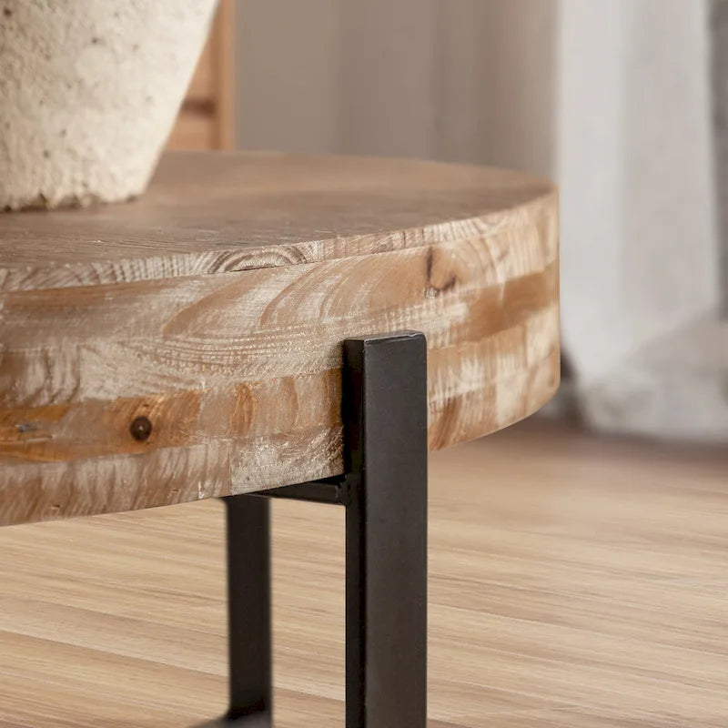 31W Round Coffee Table With Fir Wood Table Top and Metal Frame End Table-5