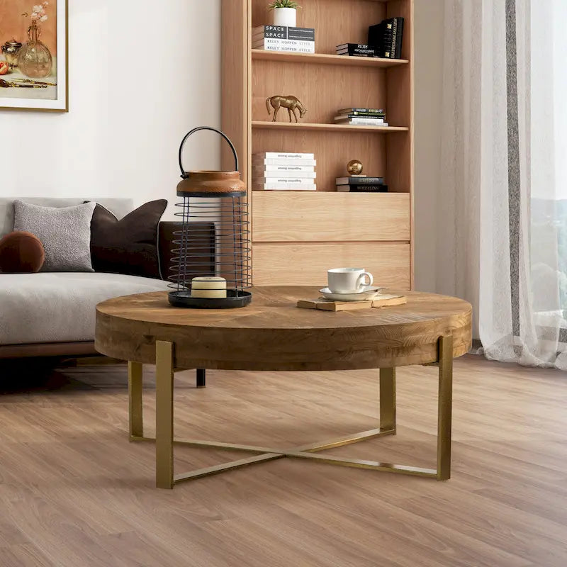 31W Round Coffee Table With Fir Wood Table Top and Metal Frame End Table-7