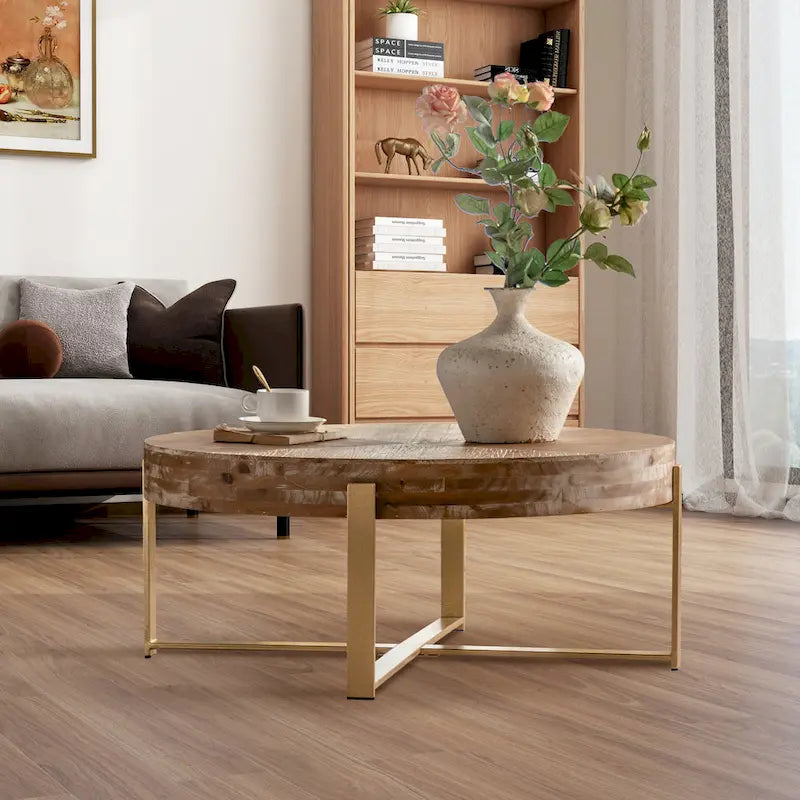 31W Round Coffee Table With Fir Wood Table Top and Metal Frame End Table-8