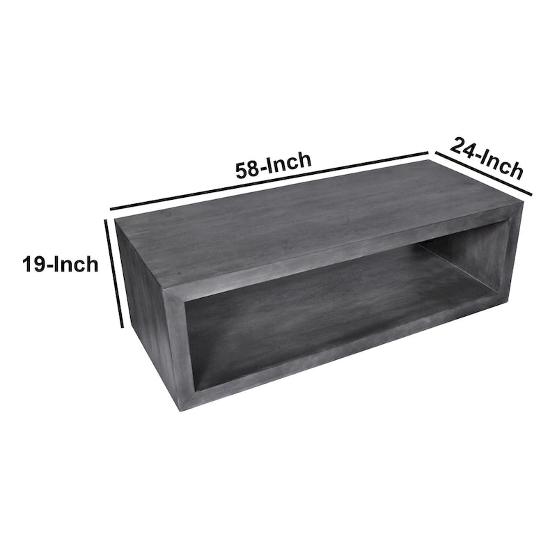 Keli 58 Inch Cube Shaped Wooden Coffee Table with Open Bottom Shelf, Charcoal Gray-7