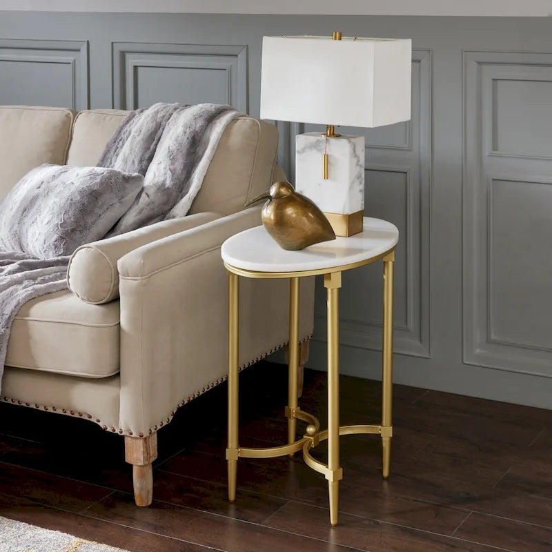 Madison Park Signature Bordeaux Gold-finished Metal Oval End Table With White Marble Tabletop-10