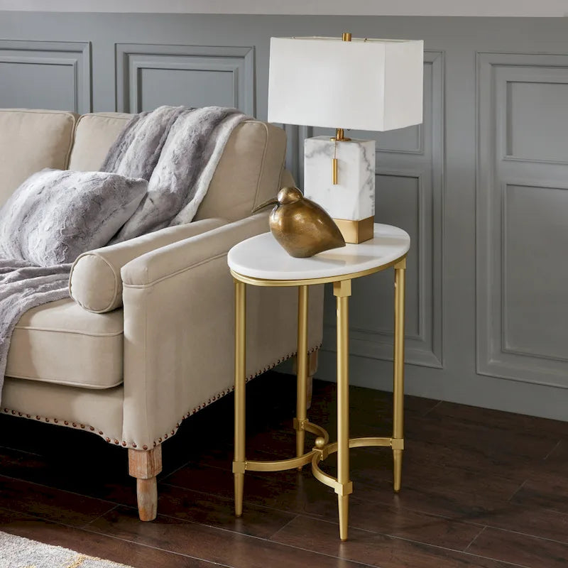 Madison Park Signature Bordeaux Gold-finished Metal Oval End Table With White Marble Tabletop