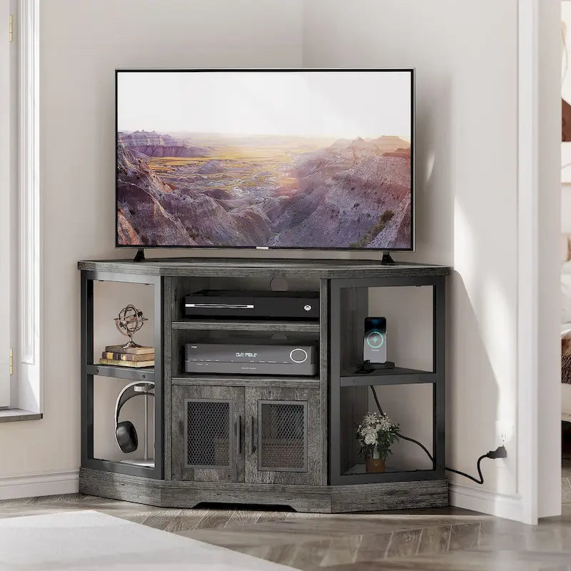 Moasis Farmhouse Corner TV Stand for TVs up to 55 Wood TV Media Console Entertainment Center-2