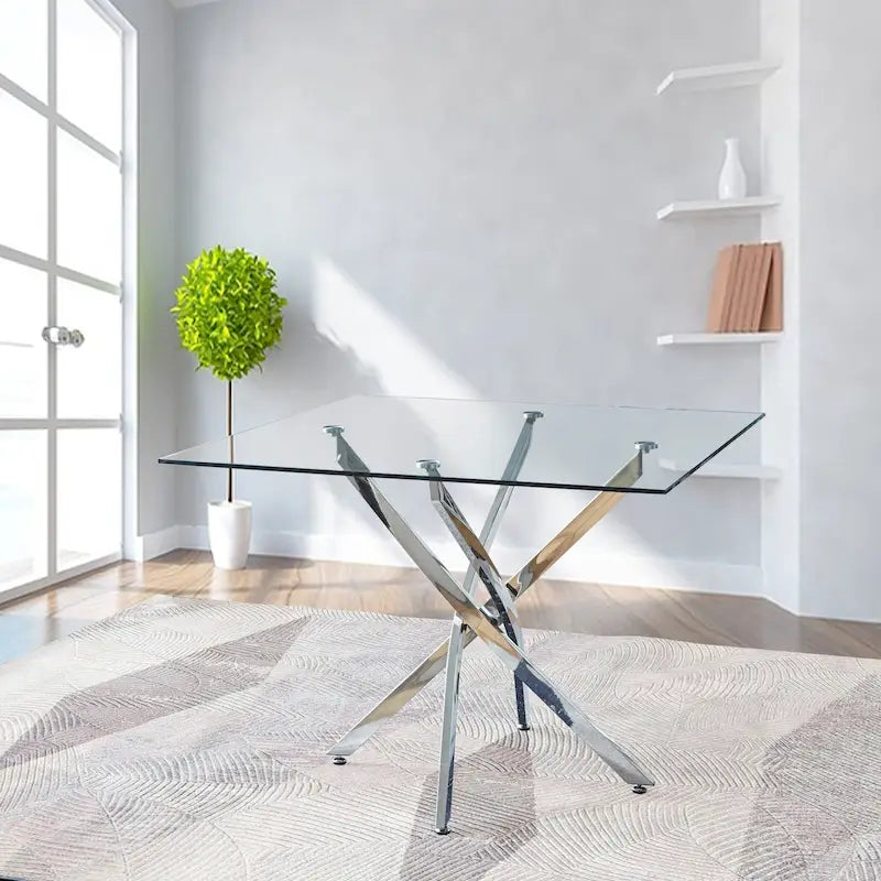 Contemporary Square Clear Dining Tempered Glass Table with Silver Finish Stainless Steel Legs-7
