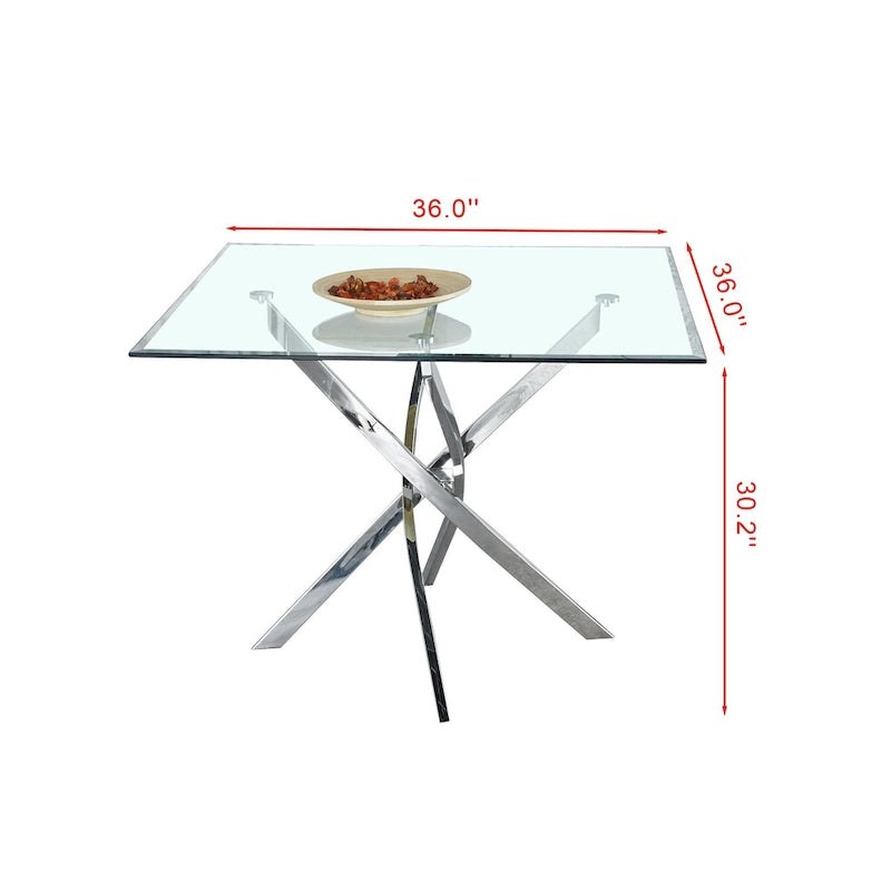 Contemporary Square Clear Dining Tempered Glass Table with Silver Finish Stainless Steel Legs-6